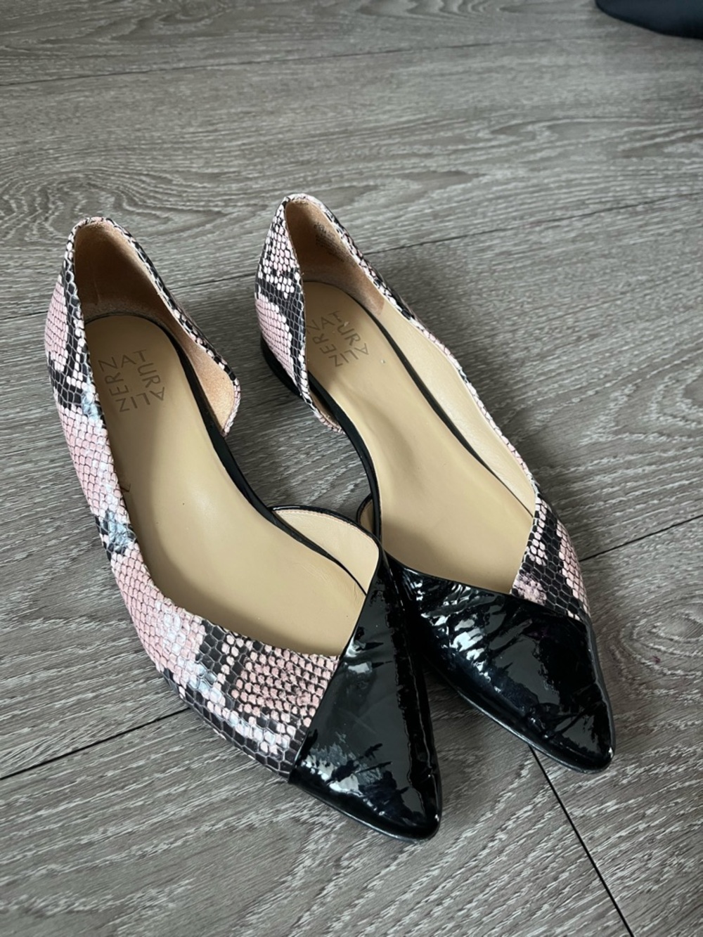 Naturalizer Pink Snakeskin D'Orsay Flats with Black Patent Pointed Toe